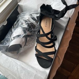 Black suede ankle wrap cone heel. New. Never worn